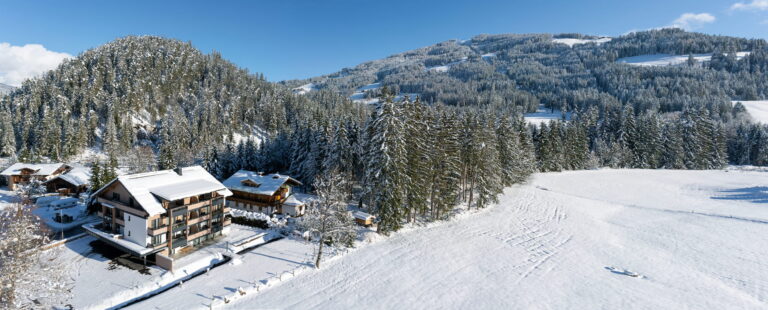 Eine Außenansicht der Ski & Bike Appartements mit herrlicher Winterlandschaft